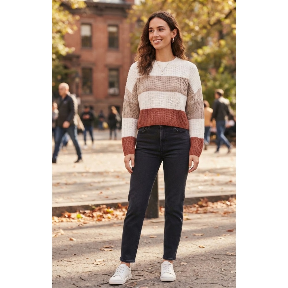 Moon & Madison Striped Chenille Cropped Sweater Rust Tan Cream SMC426 Small